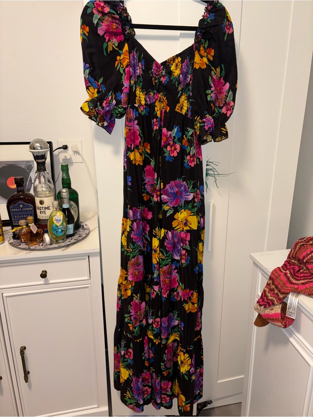 Black Floral Puff-Sleeve Maxi Dress - Vibrant Multicolor Johnny Was